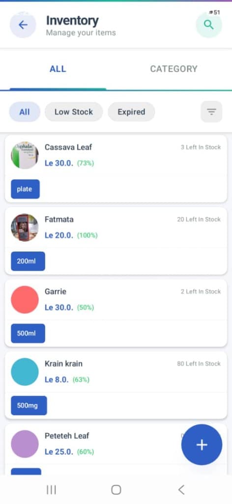 BizStack inventory screen
