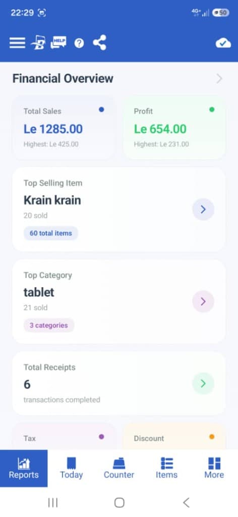 BizStack reports screen