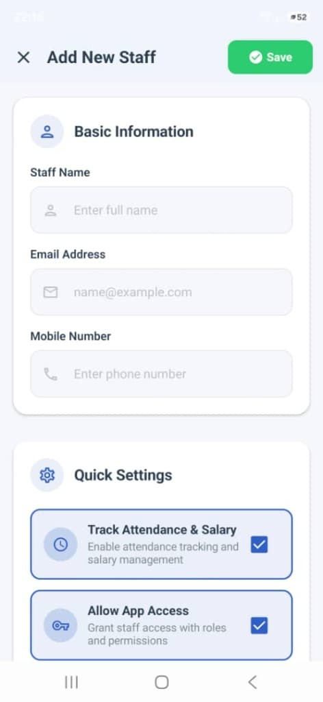 BizStack staff screen