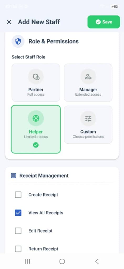 BizStack staff screen